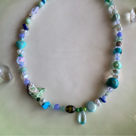 Under the Sea Beaded Blue & Green Necklace Mermaid Silver Spiral Hearts Mixed - Picture 4 of 11